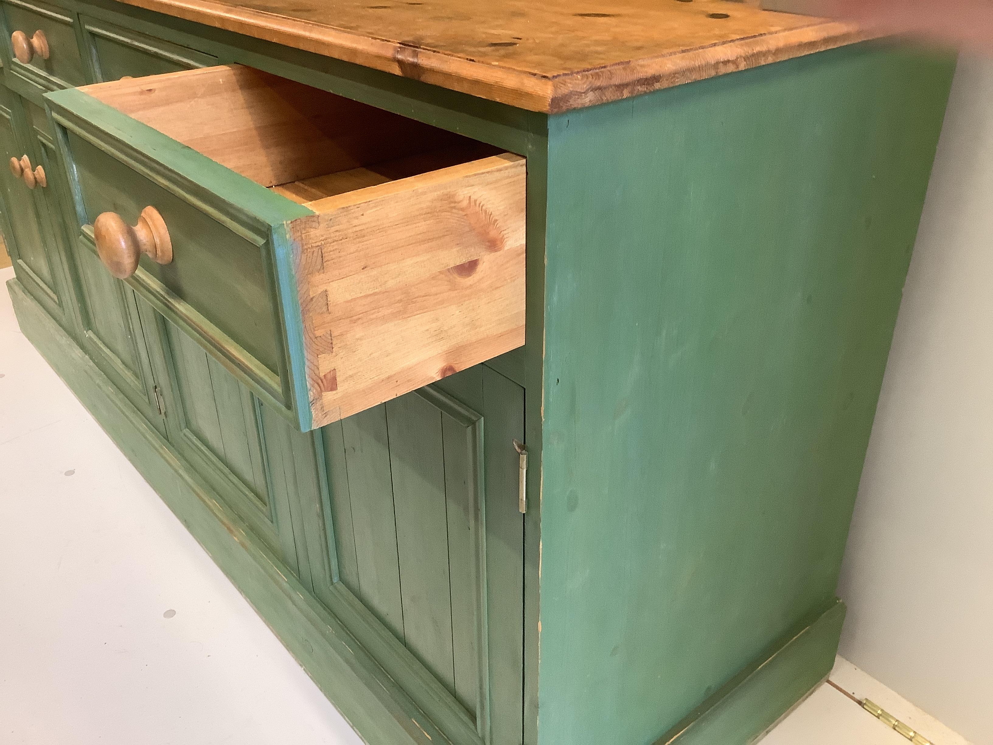 A Victorian style part painted pine dresser with boarded rack, width 172cm, depth 50cm, height 198cm